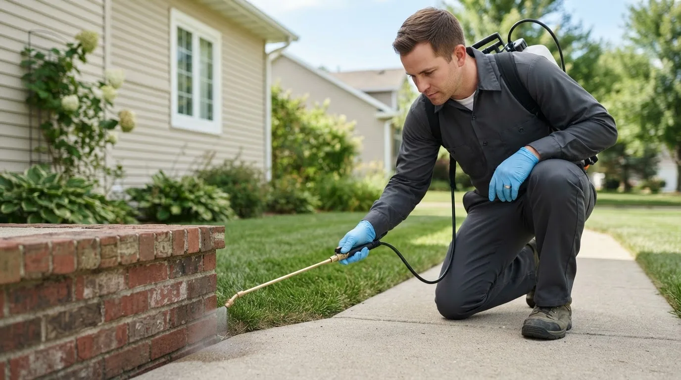 Pest control technician treating a home near Bronson, KS