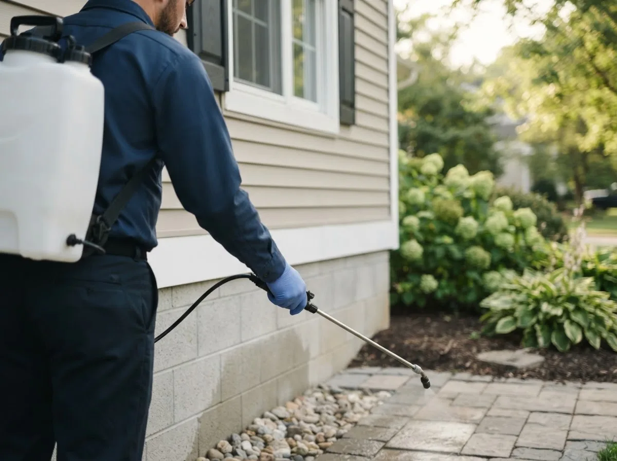 Pest control technician inspecting a home in Bronson, KS